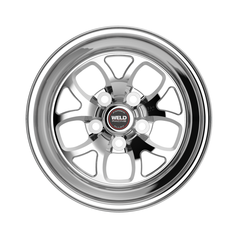 Weld S76 forged wheel with polished center and shell, 15x4 inch, 5x114.3 bolt pattern, 1.5 BS, 3.18 HB, non-BL finish.