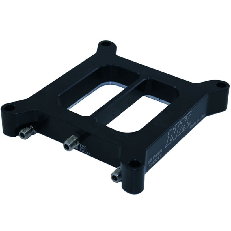 Nitrous Express 4150 4-BBL Pro-Power nitrous plate for 1st and 2nd stage performance, with hoses and fittings visible.