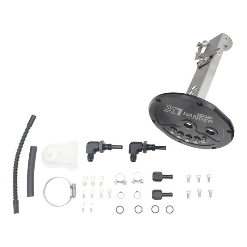 DeatschWerks X1 Series fuel pump hanger for Nissan S13 and R32 Skyline, non-GTR, showing the metal fuel pump module component.