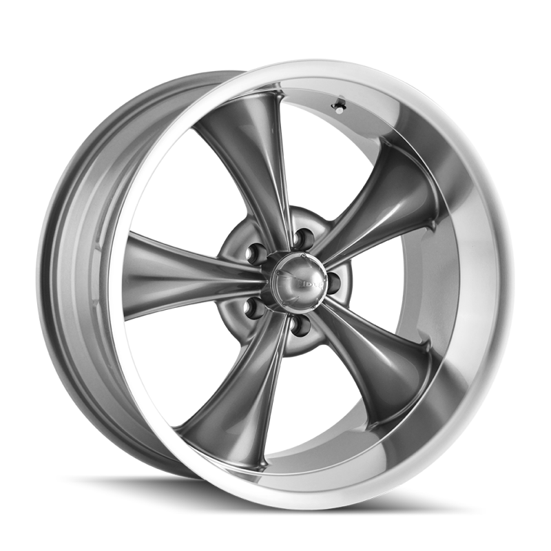 Ridler 695 cast wheel in gloss grey machined finish, 18x9.5 inches, 5x114.3 bolt pattern, 6mm offset, 83.82mm hub.