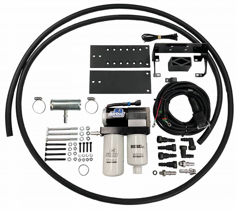 AirDog PureFlow Fuel Air Separator for Dodge 12V 5.9L Cummins engines, showing the compact fuel air separation system.
