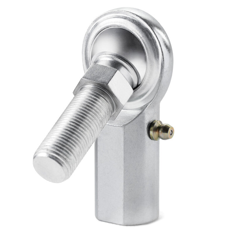 QA1 C Series 2-Pc Female Rod End with Zerk fitting, .4375in bore, 7/16-20 thread, carbon steel tie rod component.