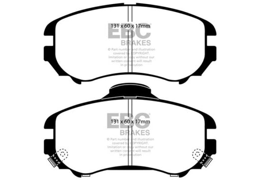 EBC Redstuff performance front brake pads for 2007-2008 Hyundai Elantra 2.0, shown in a close-up image of the brake pads.