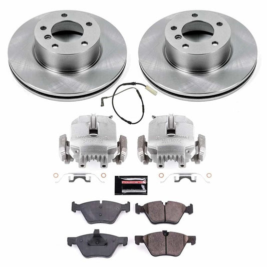 PowerStop OE brake kit with front calipers for 2007 BMW 328i, including brake rotors and hardware for optimal stopping power.