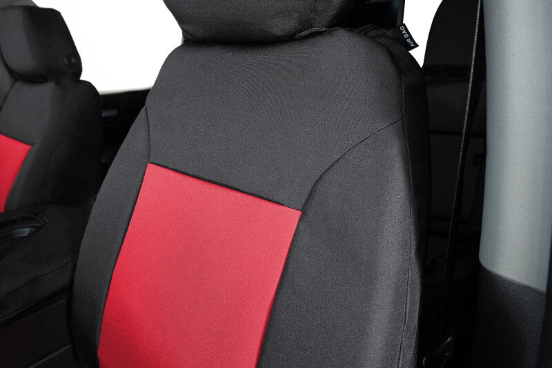 Covercraft Endura PrecisionFit front seat covers for Mercedes Sprinter 18-24 in red and black, custom-fit for front seats.