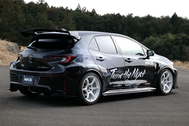 HKS Type-S front spoiler for Toyota GR Corolla GZEA14H Gen2, showing the sleek, aerodynamic body kit design on the vehicle.