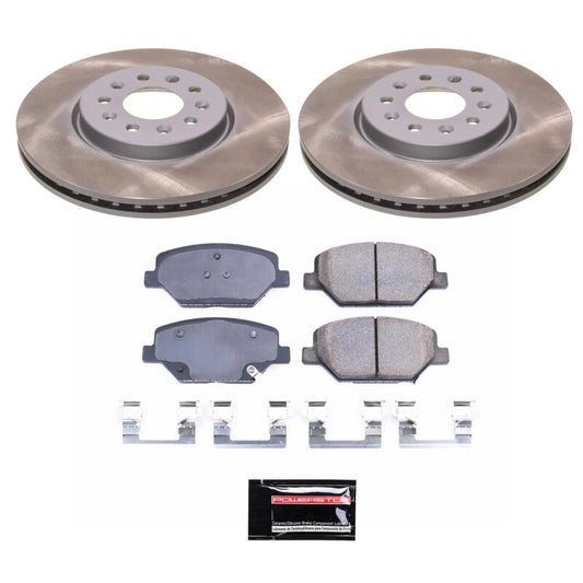 PowerStop front semi-coated brake rotor kit for 2018-2021 GMC Terrain, performance brake components with a smooth, semi-coated surface.