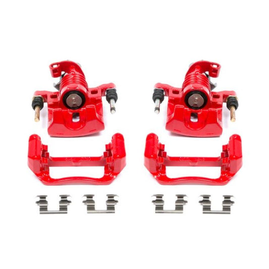 Pair of red PowerStop rear brake calipers with brackets for 2004-2005 Pontiac Grand Prix, performance replacement brake components.