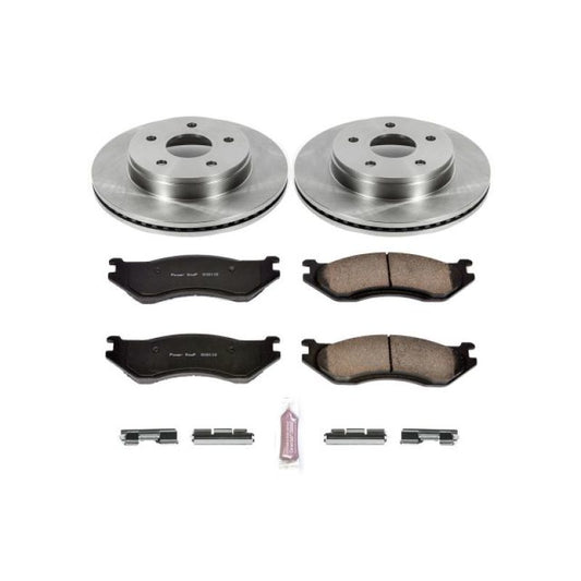 PowerStop OE front brake kit for Dodge Ram 1500 2003-2005, showing brake rotors and pads in the auto repair image.