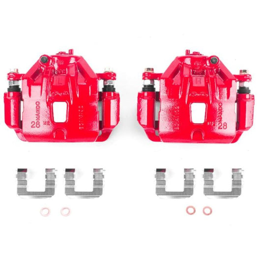 Pair of PowerStop red front brake calipers with brackets for Hyundai Azera 2010-2011, high-performance automotive brake components.