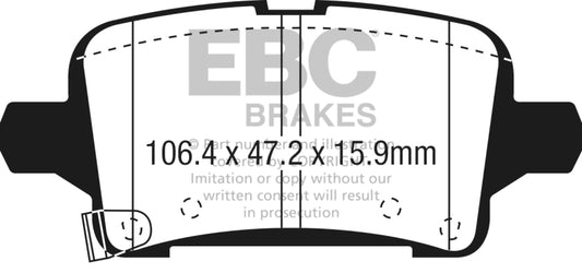 EBC Greenstuff rear brake pads for Chevrolet Malibu 1.5L Turbo 2016+ performance brake upgrade, showing brake pad set with green friction material