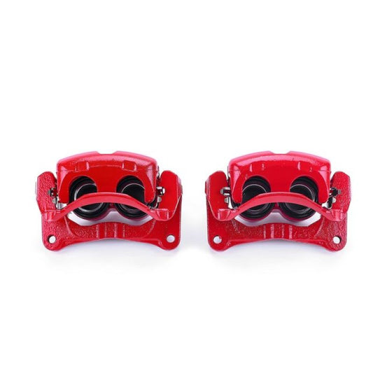 PowerStop front red brake calipers with brackets for Mitsubishi Endeavor 2004-2011, performance brake replacement, pair shown.