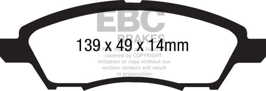 EBC 12+ Nissan Versa 1.6 Ultimax2 front brake pads, OE style, showing the brake pad set with metal backing and friction material.