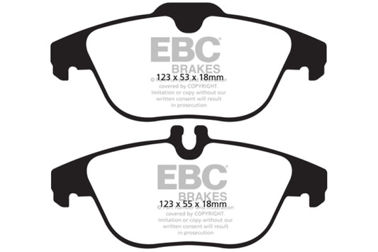 EBC Redstuff rear brake pads for Mercedes-Benz GLK250 2.1 Twin TD, performance brake pads, front view showing brake pad design.