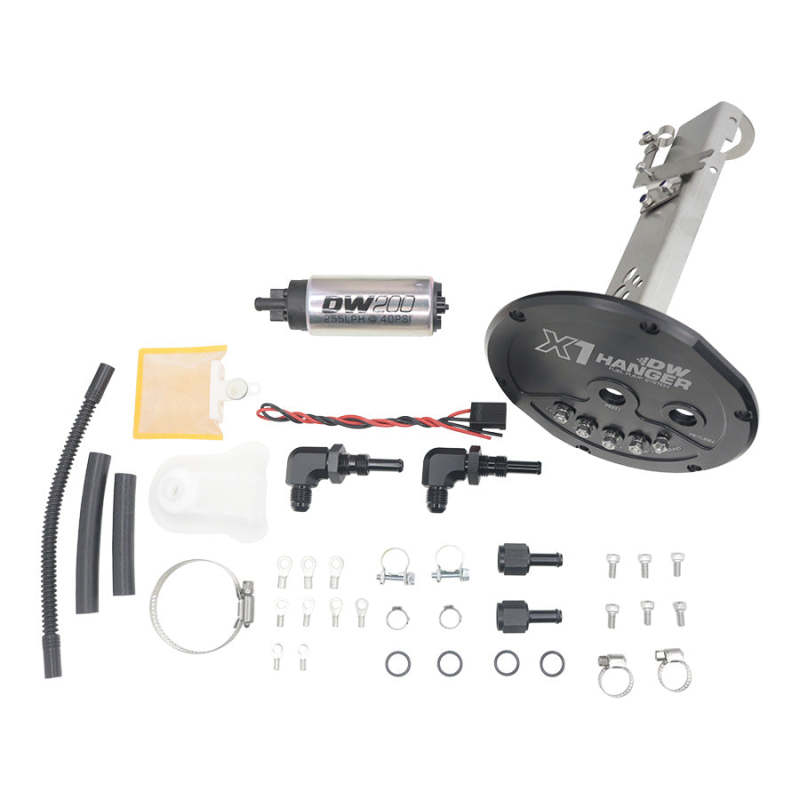DeatschWerks X1 Series fuel pump module with DW200 pump for Nissan S13 and R32 Skyline non-GTR models, fuel pump hanger.