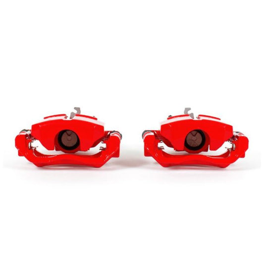 Pair of PowerStop red rear brake calipers with brackets for Dodge Dart 2013-2016, performance brake calipers for enhanced stopping power.