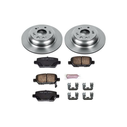 PowerStop rear Autospecialty brake kit for Acura RL 2005-2012, showing brake rotors and pads installed on vehicle's rear axle.