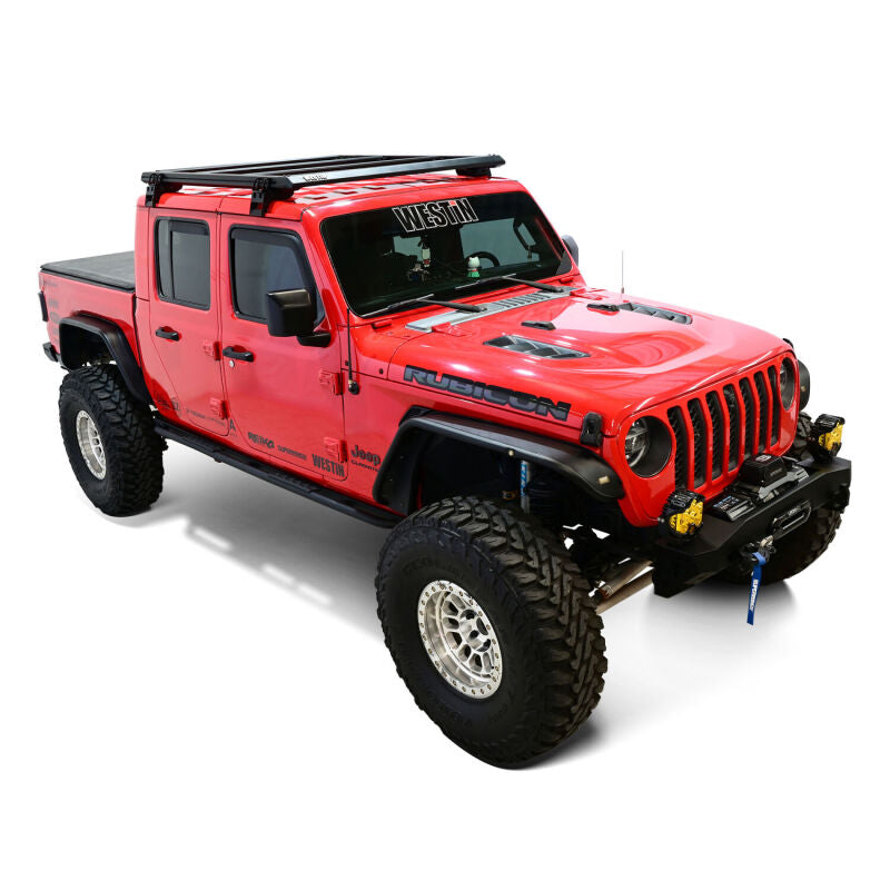 Westin Jeep Gladiator Mesa roof rack with sturdy black metal bars and mounting hardware, designed for 20-26 model years.