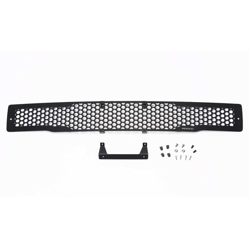 Putco stainless steel black punch design bumper grille inserts for 2015-2017 Ford F-150 truck, featuring bold grille pattern.