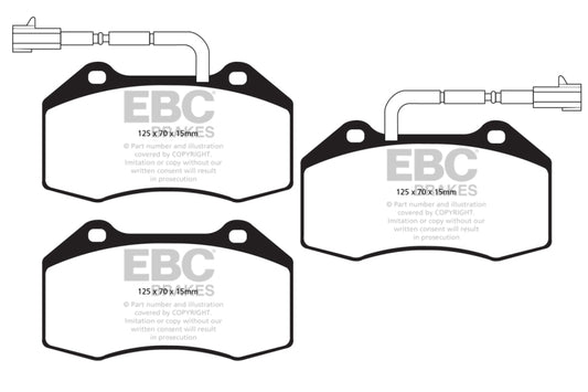 EBC 14+ Alfa Romeo 4C 1.75 Turbo Redstuff front brake pads, high-performance brake pads with red friction material for improved stopping power.