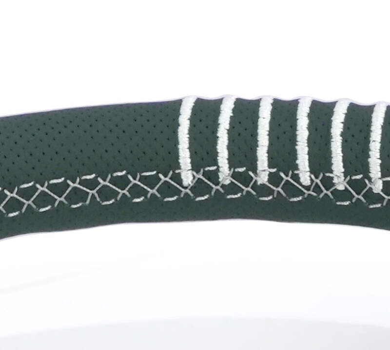 NRG black perforated leather steering wheel with 1.5-inch dish, 350mm size, emerald stitching, reinforced spoke, for car interior.