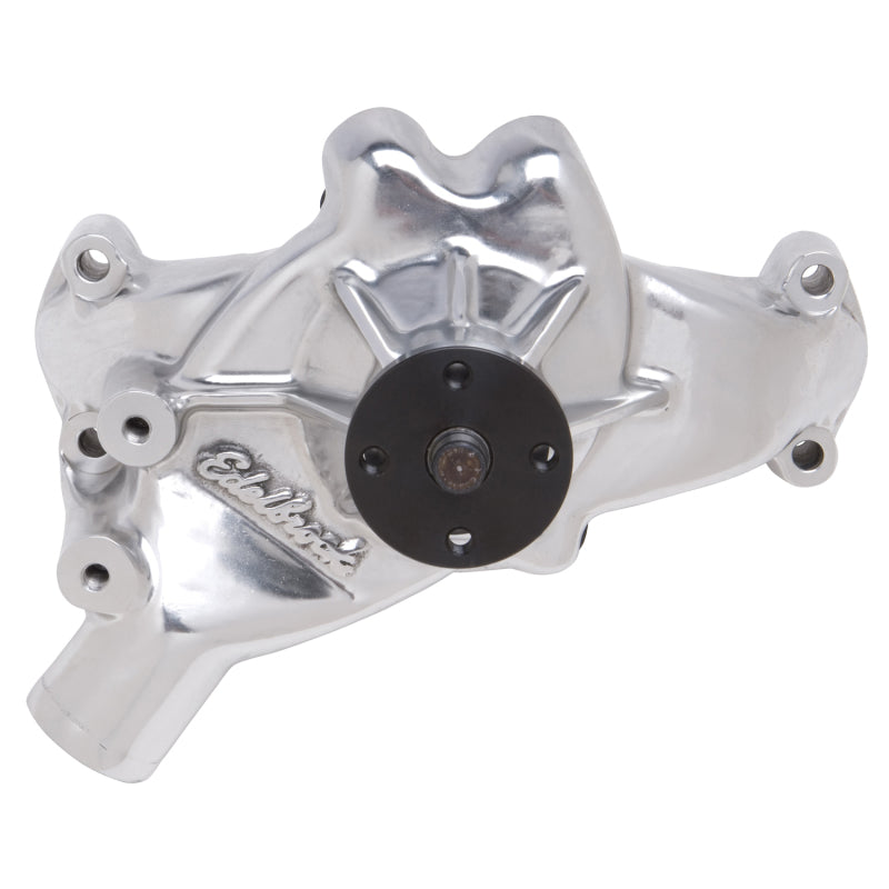 Edelbrock high performance water pump for Chevrolet 454 V8 pickups from 1988 and later, showing the metal pump with mounting bolts.