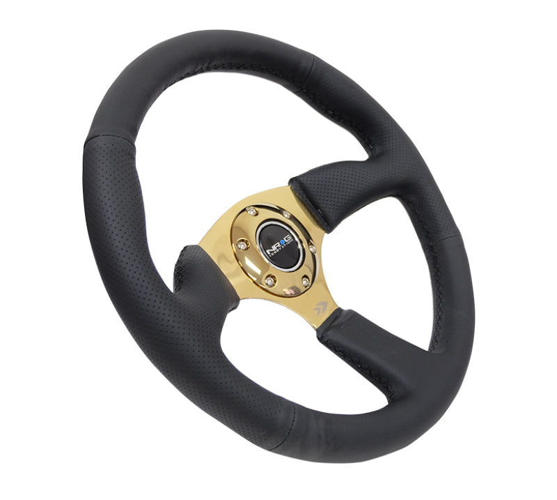 NRG reinforced leather race steering wheel with 350mm diameter, 2.5-inch deep, gold spokes, and ergonomic grip for racing cars.
