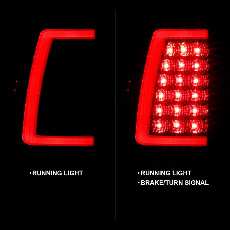 ANZO LED taillights for 1999-2002 Chevy Silverado 1500, black plank style with clear lens, showing the modern tail light design
