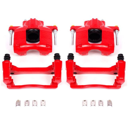 Pair of PowerStop red front brake calipers with brackets for Jeep Wrangler JK (2007-2018), performance brake calipers.