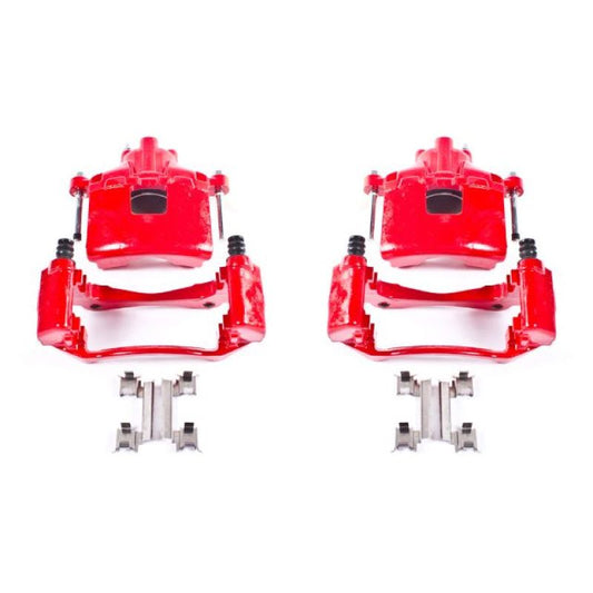 Pair of PowerStop front red brake calipers with brackets for 2005-2009 Buick Allure, performance disc brake replacement.