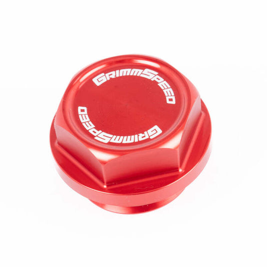 Red GrimmSpeed oil cap for Subaru all models, featuring a bolt design, made of durable metal for engine oil fill access.