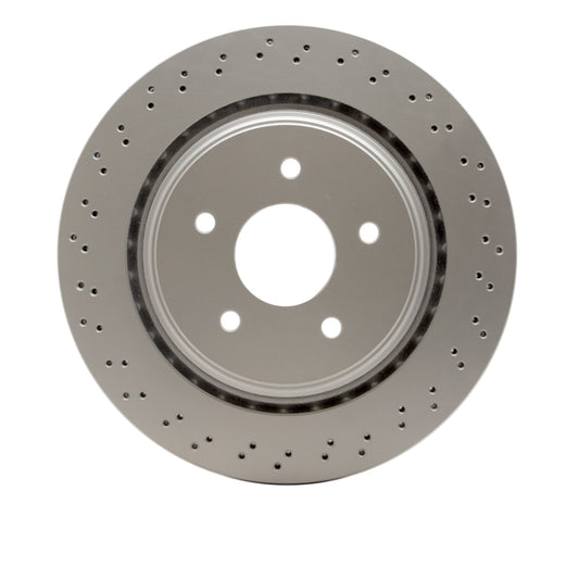 DFC 06-13 Cadillac XLR rear drilled brake rotor made of high-carbon alloy with Geomet coating, showing drilled pattern and metallic surface.