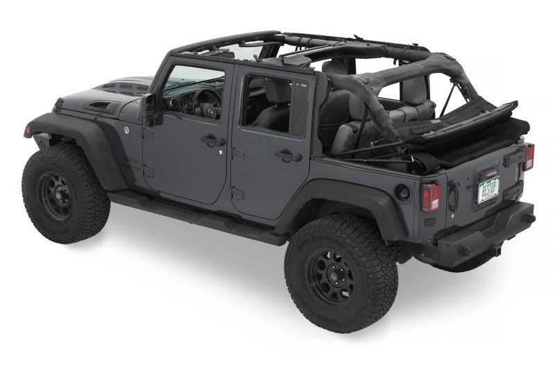 Bestop Jeep Trektop Glide soft top for 2007-2018 Jeep Wrangler JK 4-door, premium black twill fabric, shown on vehicle.