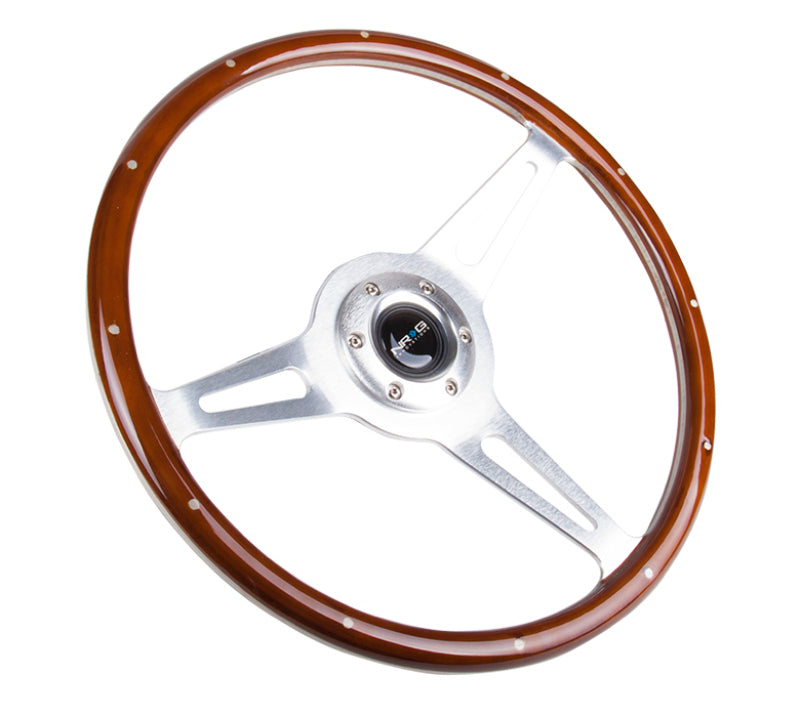 NRG Classic wood grain steering wheel with metal inserts and brushed aluminum 3-spoke center, 365mm diameter, for automotive use