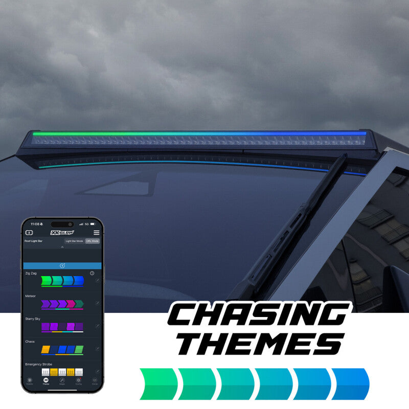 XKGLOW Tesla Cybertruck 50-inch roof LED off-road light bar with RGBW chasing DRL and app control on vehicle roof