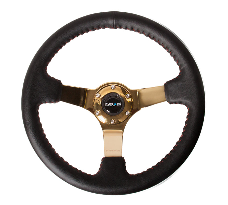 NRG reinforced steering wheel with black leather, red basketball stitching, gold spokes, 350mm diameter, 3-inch deep design.