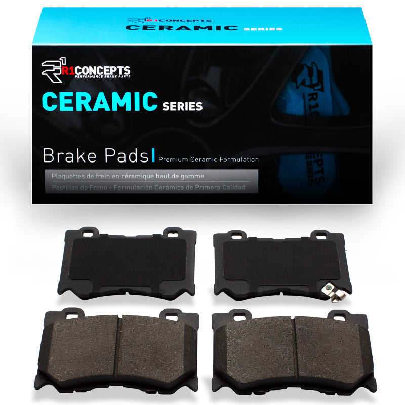 R1 Concepts Infiniti Q50 front ceramic brake pads, OE quality, with metal backing and friction material for enhanced braking performance.