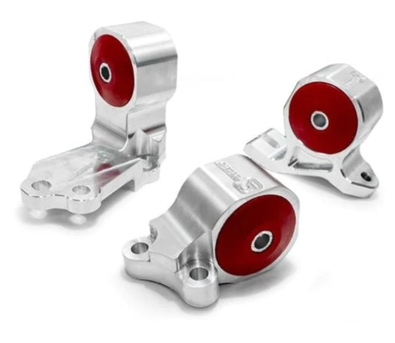 Innovative Mounts silver aluminum engine mounts with 95A bushings for 88-91 Honda Civic B-Series, cable to hydro conversion.