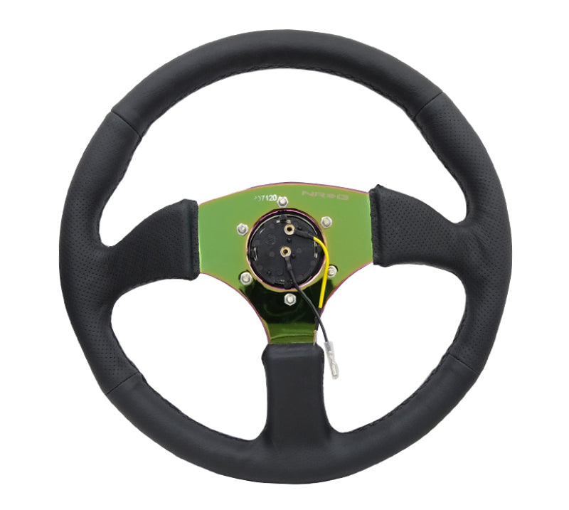 NRG reinforced 350mm leather race steering wheel with 4mm neochrome spokes and deep grip for high-performance driving.