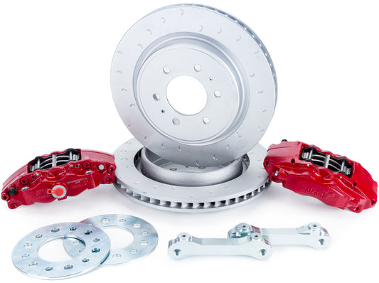 Alcon 10-14/17-18 Raptor and 09-17 F150 big brake kit with red 360x32 rotors and 4-piston rear calipers, no electronic parking brake
