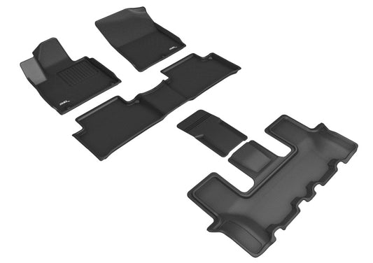 3D MAXpider black rubber floor mats for Kia Sorento 2021-2023, 6-seat model, designed with textured surfaces and custom fit.