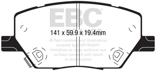 EBC 15+ Fiat 500X 1.4 Turbo Ultimax2 front brake pads, OE type, showing black friction material and metal backing plates.