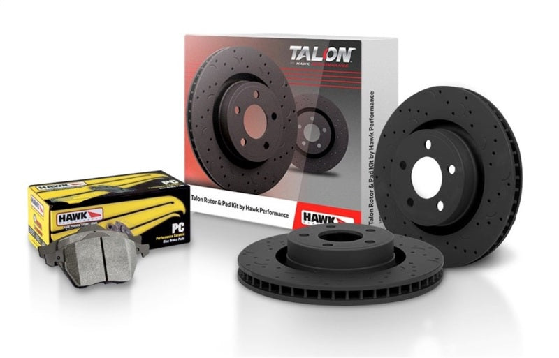 Hawk Performance Talon rotors with slot and drilled design for enhanced braking performance on a vehicle.
