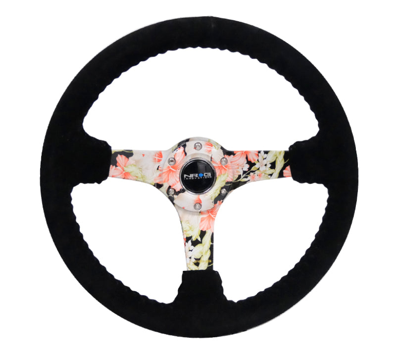 NRG reinforced steering wheel with 350mm black suede floral dipped finish and black baseball stitching, 3-inch deep design