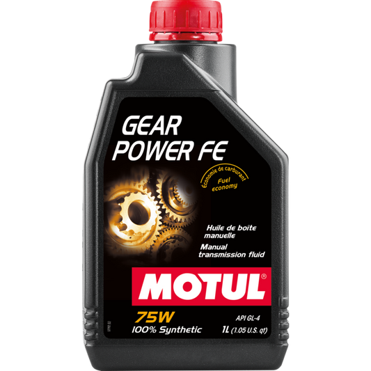Motul Gear Power FE 75W 1L gear oil container, ideal for transmission and gearbox lubrication, with a blue cap and label.