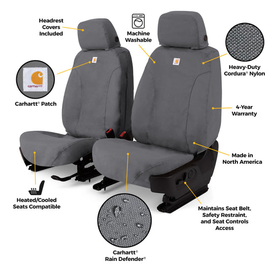 Covercraft Carhartt Super Dux seat cover for Dodge RAM 2500 and 4500, custom fit in gravel color, protects second-row seats.