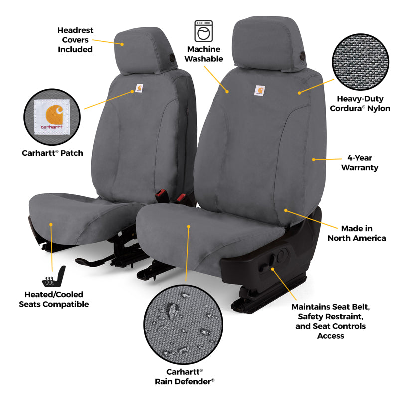 Covercraft Carhartt Super Dux second row seat cover for Toyota Tacoma 2016-2023 in gravel, made of durable fabric with custom fit.