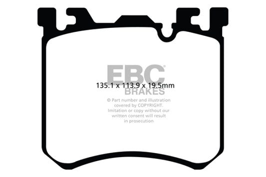 EBC Redstuff performance front brake pads for BMW X5M 4.4 Twin Turbo, showing the red brake pad material and branding