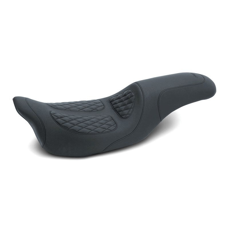 Mustang Motorcycle black one-piece seat with diamond stitch for Harley Electra Glide, Road Glide, Road King, and Street Glide models.