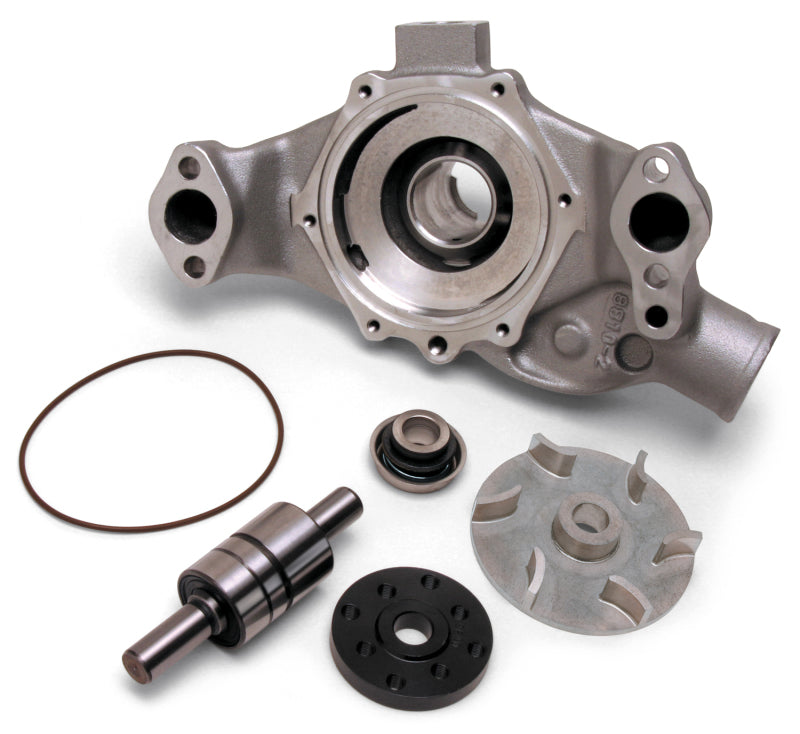 Edelbrock high performance Chevrolet 350 CI V8 short style water pump in satin finish, designed for engine cooling.